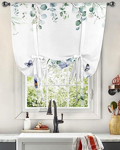 Yukro Yukro Tie Up Curtains Window Shades,Blue Tulip Flower Butterfly Eucalyptus Leaves White Background Rod Pocket Tie Up Window Shade,Adjustable Balloon Curtain Shade for Blinds Kitchen Bathroom,42"x45"