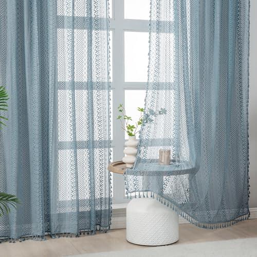WAZZIO WAZZIO Light Blue Sheer Curtains 84 Inches Long 2 Panels Sheer Lace Pale Blue Curtains for Bedroom Living Room Rod Pocket Tassel Cotton Boho Crochet Curtains Light Filtering Privacy Drapes,Stone Blue