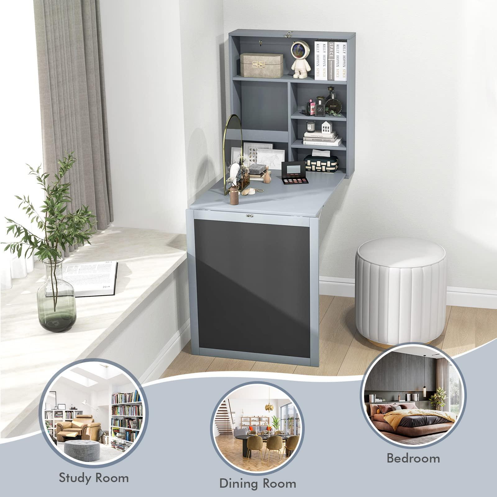 IFANNY IFANNY Folding Wall Desk, Wall Mounted Fold Out Desk with Storage Shelves & Hooks, Hideaway Desk Wall Mount with Chalkboard, Floating Corner Desk for Small Spaces (Gray)