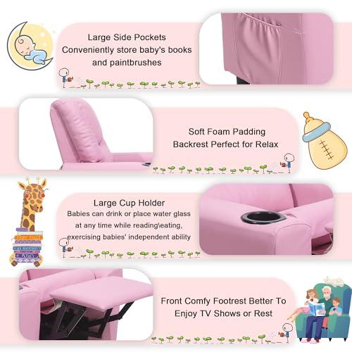 hzlagm hzlagm Kids Recliner Chair with Cup Holder, Toddler Recliners for Kids Age 0-5 with Side Pockets and Non-Slip Footstool, Child Recliners for Girls Boys Kids Room, Children\'s Rooms, Pink