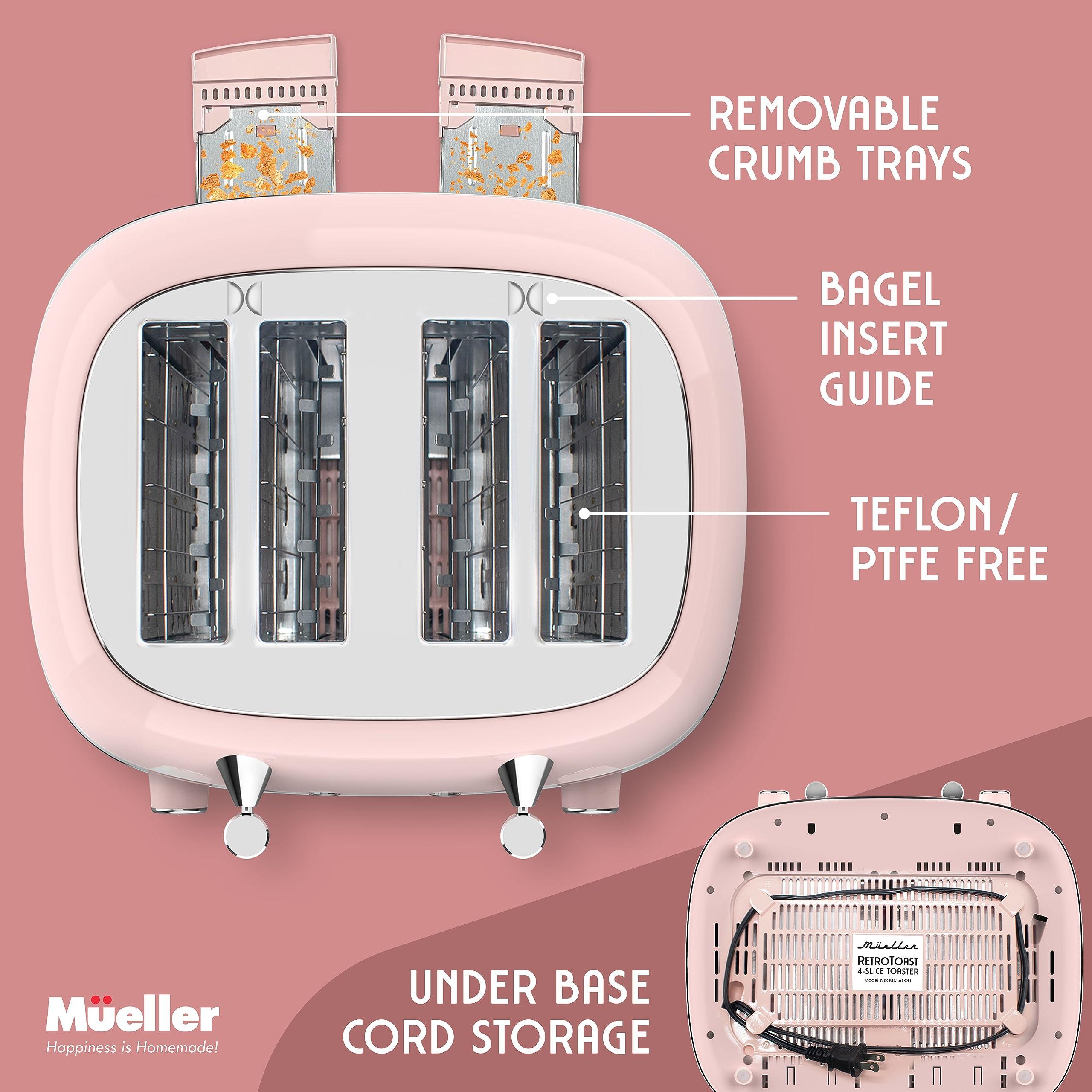 MELLERHOME Mueller Retro Toaster 4 Slice with Extra Wide Slots Bagel, Defrost, and Cancel Function, 6 Browning Levels, Dual Independent Controls, Removable Crumb Tray and High Lift Levers, Pink
