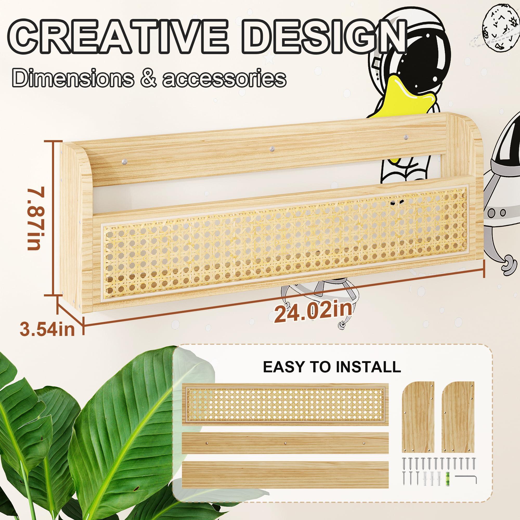 Ecowillon Ecowillon Wooden Rattan Wall Shelf - 24 Nursery Hanging Book Shelves for Wall, Picture Ledge Wicker Shelf, Boho Decorative Shelves for Netural Nursery Decor, Floating Rattan Shelf for Office,Bedroom