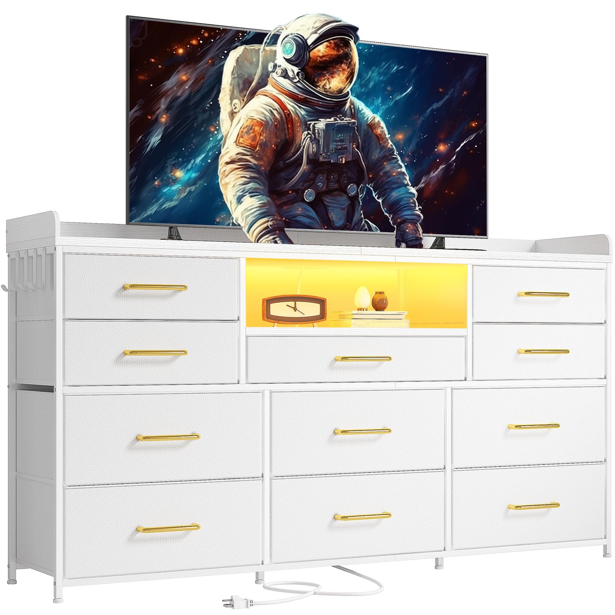 EnHomee EnHomee Dresser TV Stand with 11 Drawers for 60\" TV Stand for Bedroom with LED Lights & Power Outlets Long Dresser for Bedroom with Shelves & 4 Hooks Sturdy Metal Frame & Wood Top, White