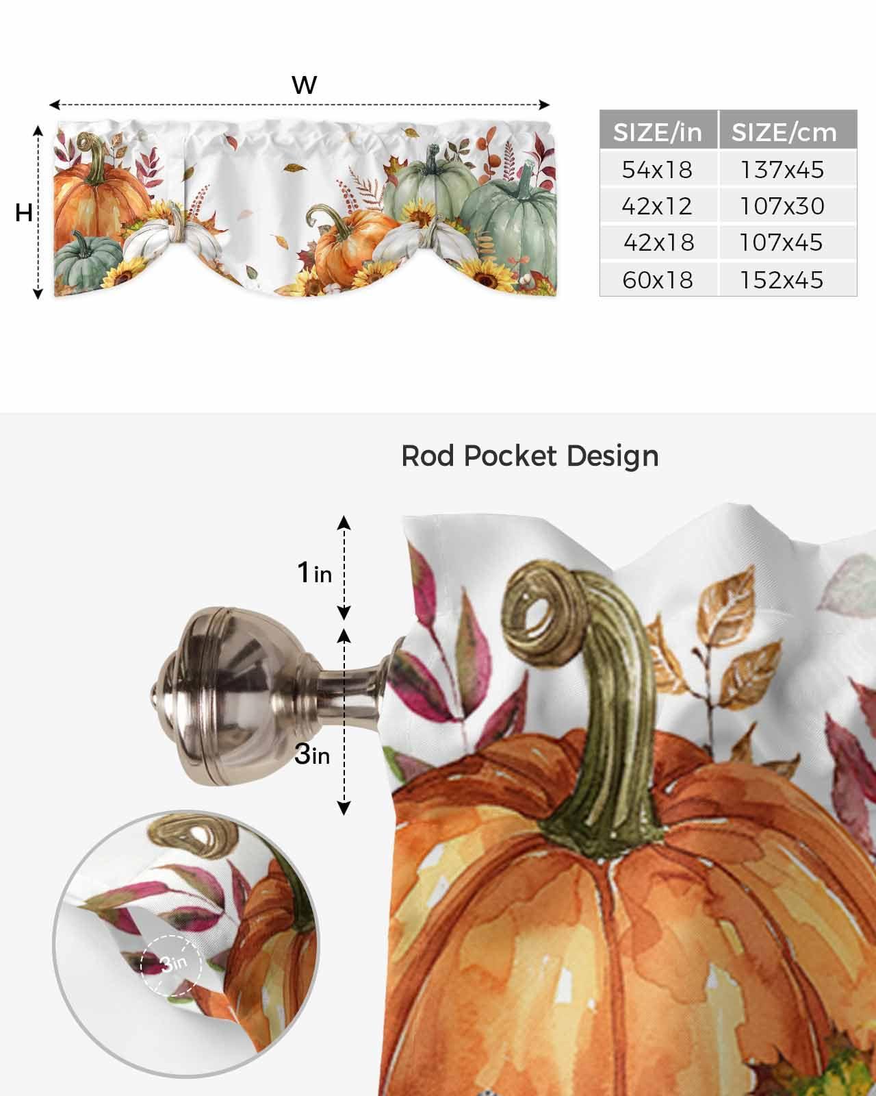 BOBOWUNY Sage Green Fall Tie Up Valances for Windows/Kitchen/Bathroom/Bedroom, Orange White Pumpkins Sunflower Thanksgiving Maple Adjustable Curtain Valance Balloon Window Shades Small Drapes Panel 54''x18''