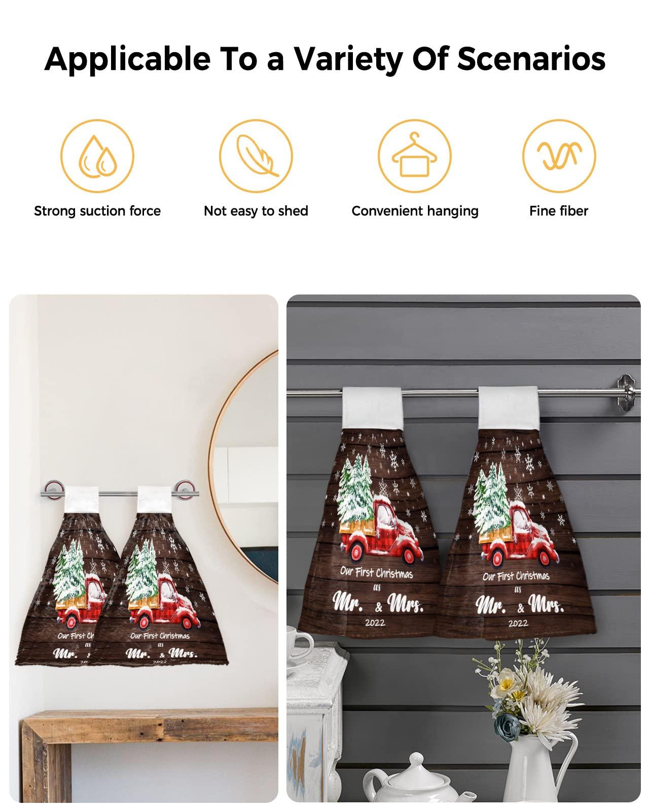 Kewadony Kewadony 1 Pack Hanging Kitchen Hand Towels, 2022 Christmas Hand Tie Towels with Hanging Loop, Red Truck Xmas Tree Snowflake Retro Wood Grain Soft Absorbent Towels Set for Bathroom and Kitchen