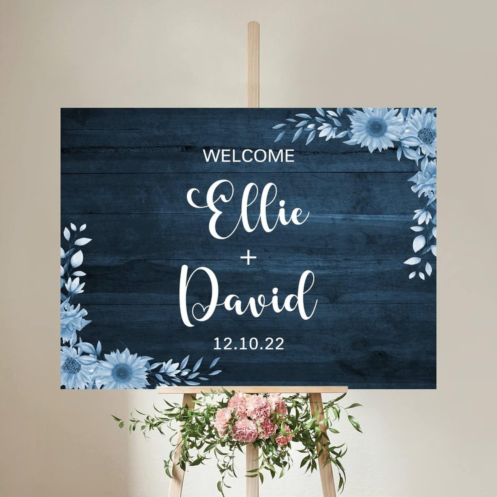 Alioyoit Rustic Wood Wedding Sign Floral Blue Wood Wooden Wedding Welcome Sign Customizable Wedding Reception Ceremony Sign Perfect for Wedding Anniversary Engagement Party Decor Wedding Gift 12x16 Inch