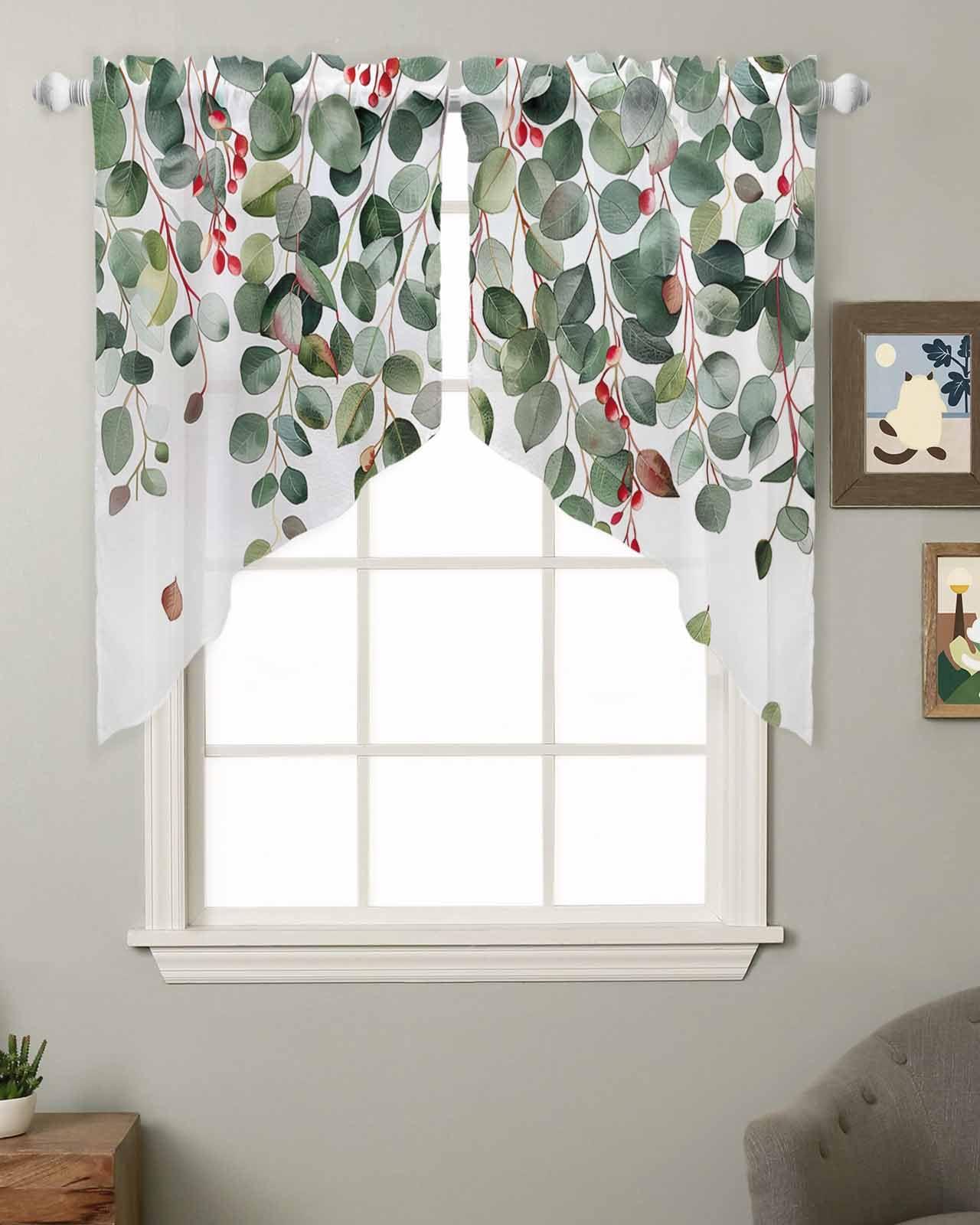 Falaniique Eucalyptus Sage Swag Curtains 36 Inch Length 2 Panels Set,Semi-Sheer Half Small Kitchen Cafe Window Curtain Drapes Rod Pocket Bathroom Valance Rustic Chic Greenery Plant Spring Summer 56" Wx36 L