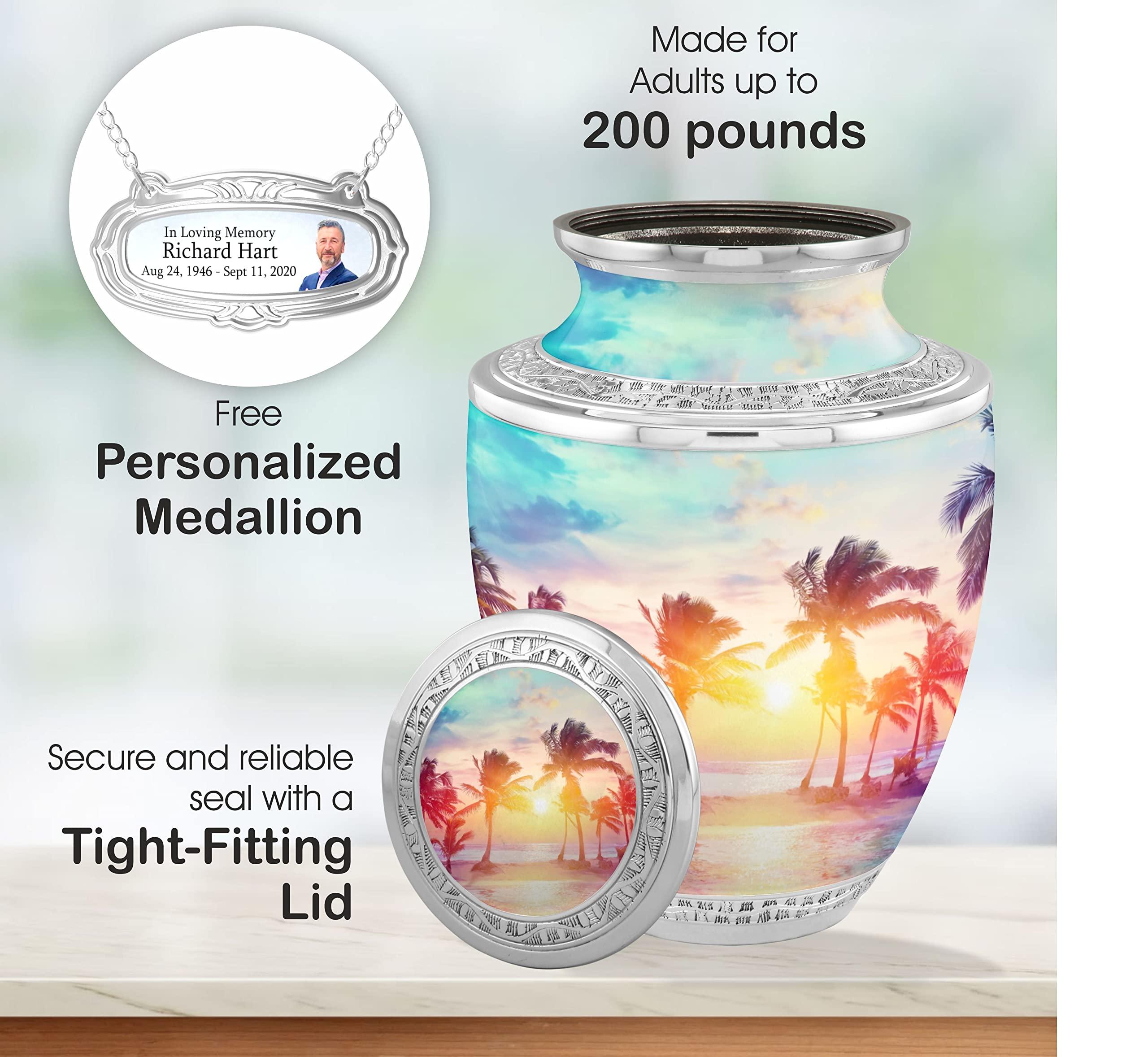 The Loving Memorials Beach Cremation Urns for Adult Ashes Male Female (Aesthetic Palm Free Personalized Medallion, Aesthetic Palm)