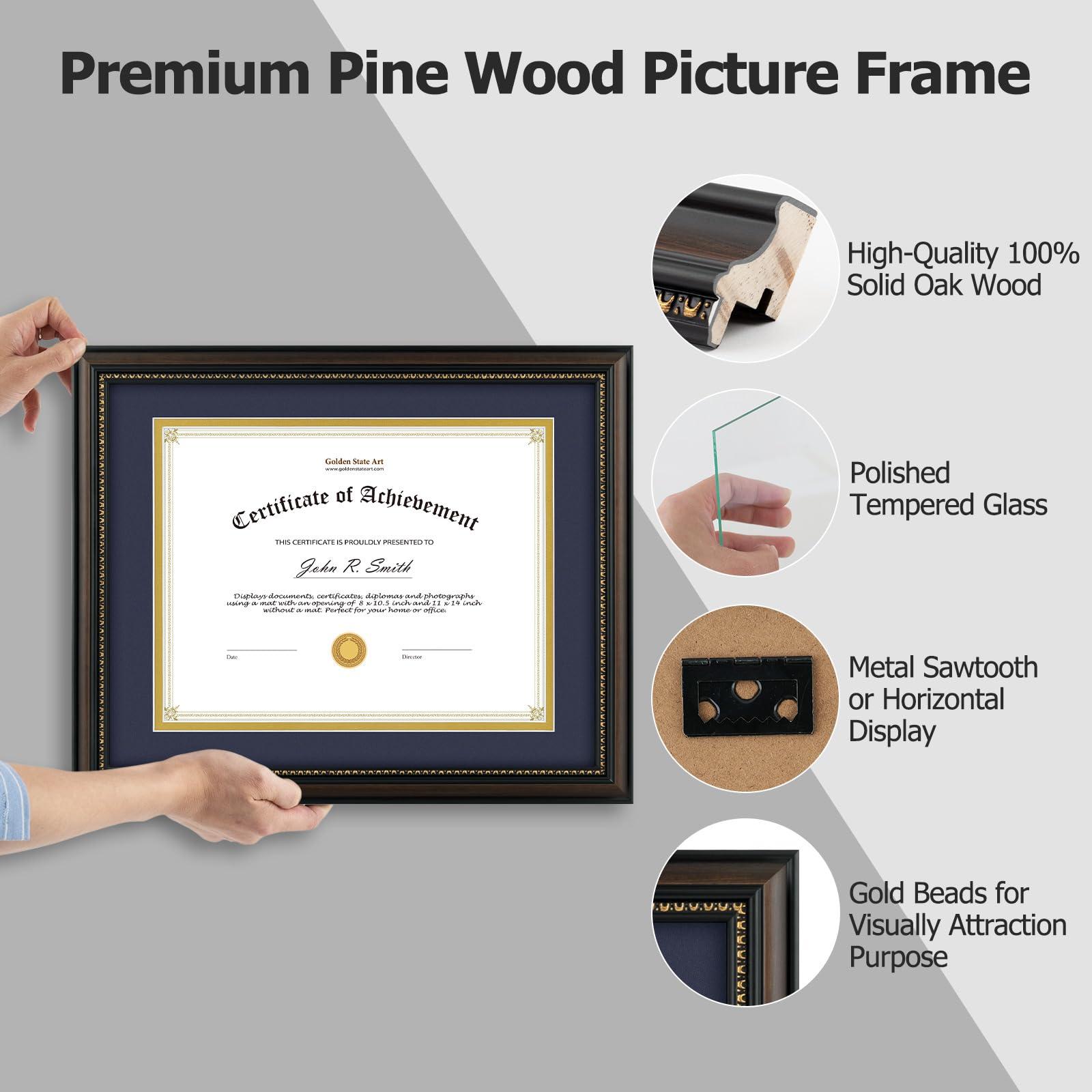 Golden State Art Golden State Art, 8.5x11 Diploma Frame, Solid Wood Brown with Gold Trim Certificate Frame, 8.5x11 or 11x14 Diploma Without Mat, Real Glass Front with Navy Over Gold Double Mat -6 Pack