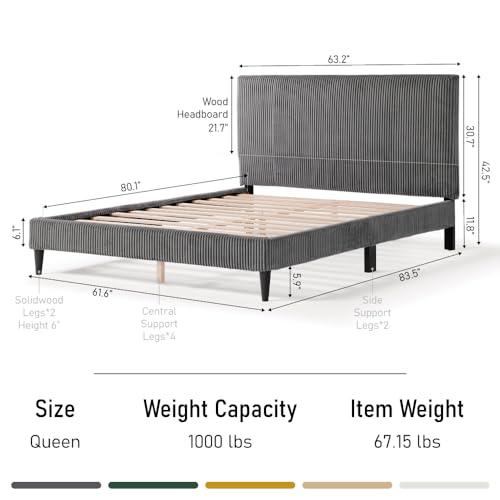 HOMES: Inside + Out HOMES: Inside + Out Lysandra Modern Bed Frame Queen Size with Upholstered Headboard and Corduroy Fabric Cover, No Box Spring Needed for Bedroom, Guest Room, Dark Gray