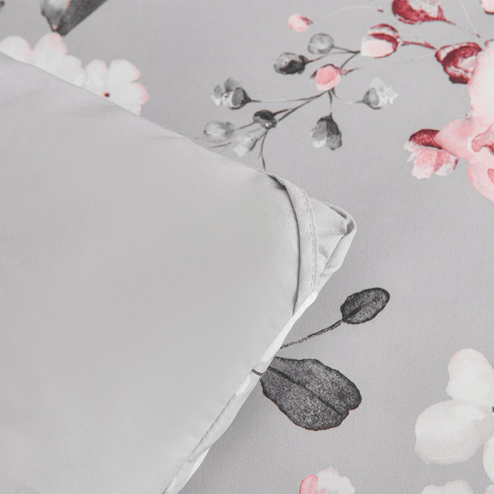 Koniroom Koniroom 3 Pieces Pink and Grey Comforter Set Queen Size, Floral Bedding Sets with Pink Flowers and Leaves Pattern for Women Teen Girls, Reversible All Season Comforter with 2 Pillow Shams