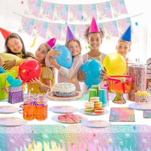 IPEWOEF Gradient Diamond Birthday Party Supplies Macaron Glitter Holographic Disposable Tableware Iridescent Party Decorations Paper Plates Napkins Banner Tablecloth for Girl Kid Baby Shower Wedding 10 Guests