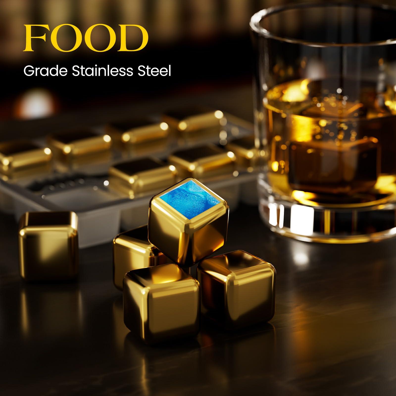 Kollea Kollea Whiskey Stones, 8 Pack Golden Stainless Steel Whiskey Chilling Rocks, Reusable Ice Cube for Drinking, Rum Cocktail Drink Accessories, Bartender Kit, House Warming Gifts New Home, Christmas