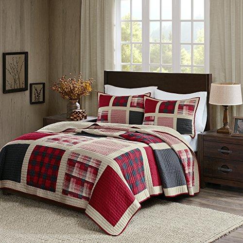 Woolrich Woolrich Reversible Quilt Cabin Lifestyle Design - All Season, Breathable Coverlet Bedspread Bedding Set, Matching Shams, Oversized Full/Queen, Huntington Plaid Red, 3 Piece