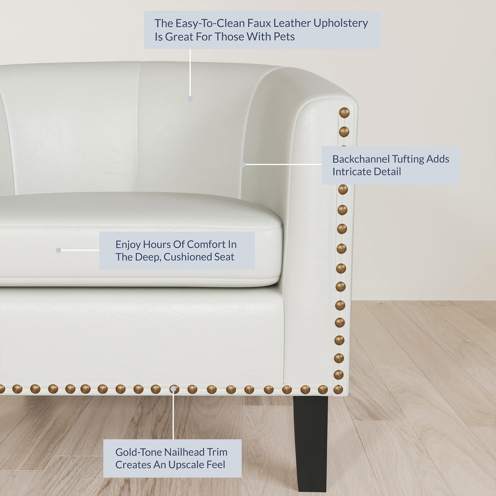 BELLEZE BELLEZE Accent Barrel Chair, Modern Tub Club Chair Upholstered Armchair for Living Room, Faux Leather Chair with Gold Nail Head Trim Black Legs - Kyara (White)