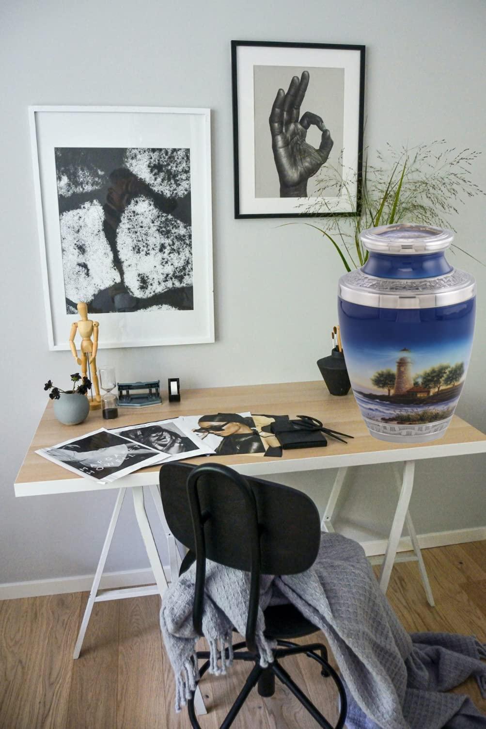 MEMORIALS 4U Lighthouse Cremation Urn, Handcrafted Metal Urn for Human Ashes, Adult Cremation Urn with Velvet Bag