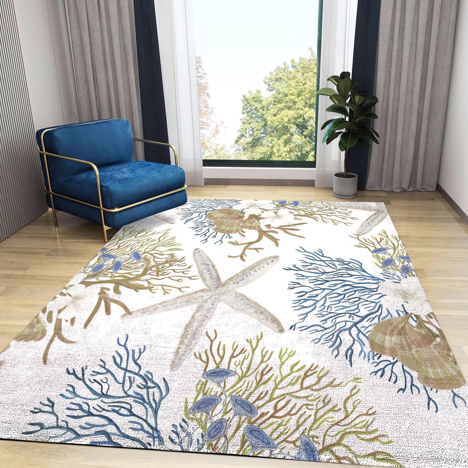 ELLECO Coastal Nautical Beach Ocean Themed Area Rugs, Starfish Coral Seashell Easy Clean Rug, Soft Non-Skid Carpet Throw Rug for Kids Teen Girls Boys Bedroom Living Room Bathroom Classroom Office 6.6ftx5.3ft