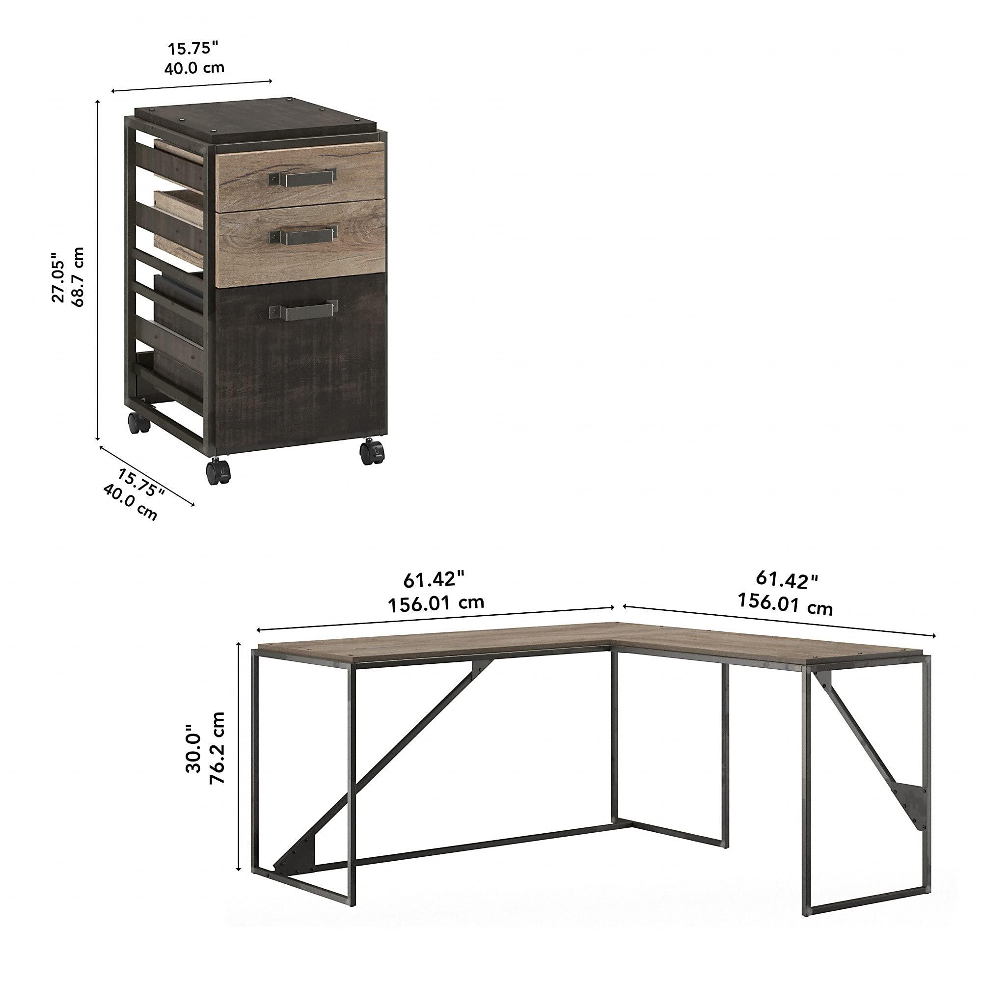 Bush Business Furniture Bush Furniture Refinery L Shaped Industrial Desk with 3 Drawer Mobile File Cabinet, 62W, Rustic Gray