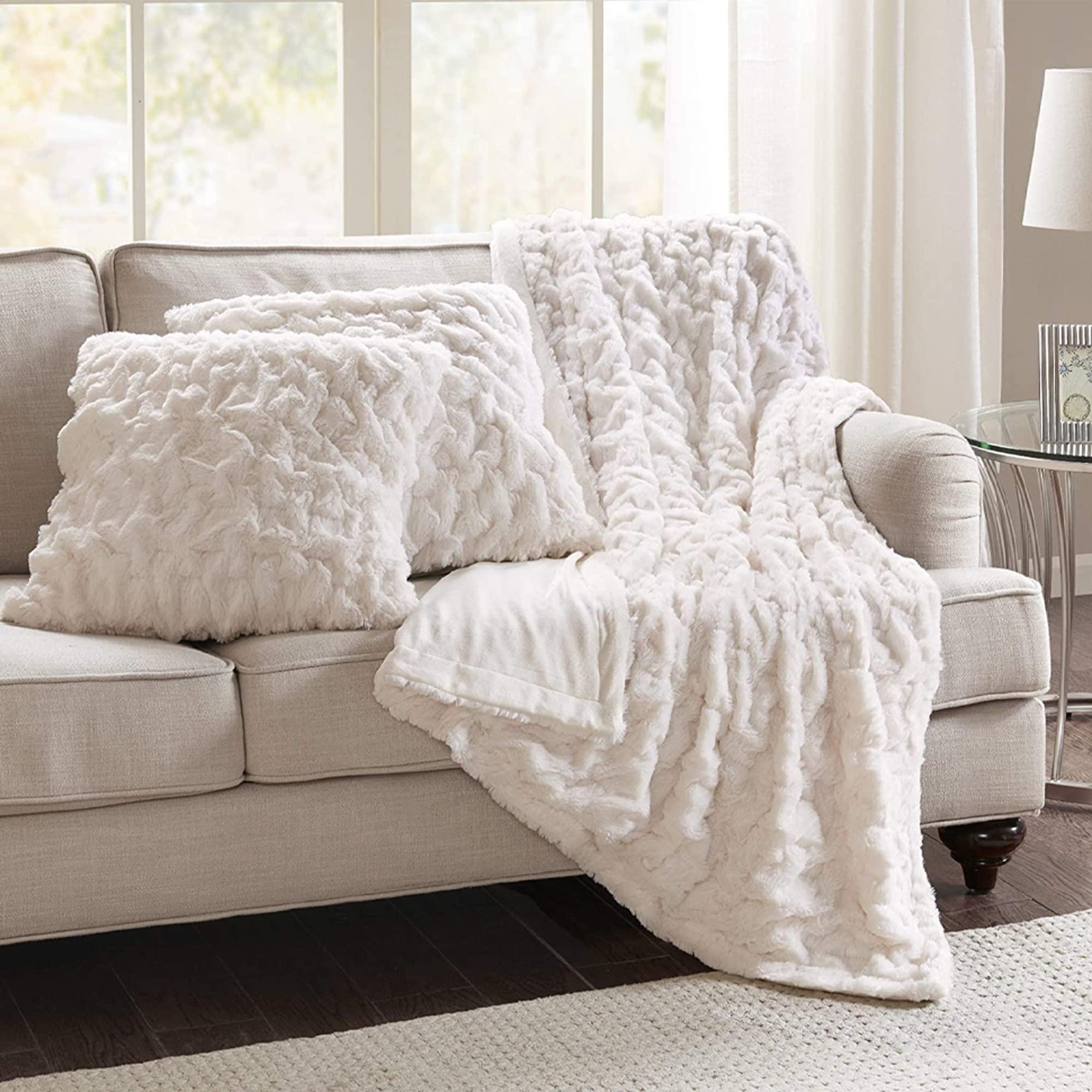 Comfort Spaces Comfort Spaces Ruched Faux Fur Plush 3 Piece Throw Blanket Set Ultra Soft Fluffy with 2 Square Pillow Covers, 50"x60", Ivory
