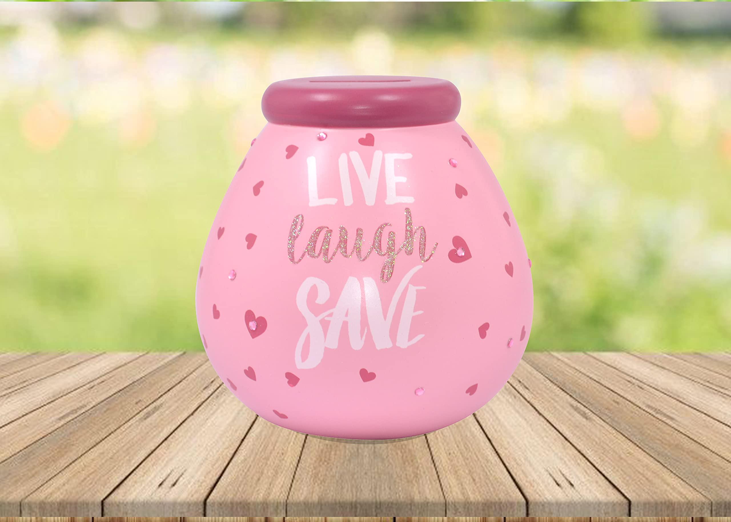 Pot Of Dreams Pot of Dreams Hand Painted Live Laugh Save Pink Save And Smash Handcrafted Ceramic Money Box | Eco Freindly & Recyclable Piggy Bank | Perfect Decorative Gift and Save for Self Care & Holdiays