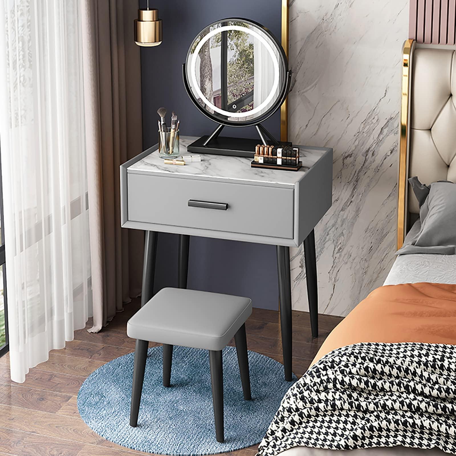 REALN REALN Vanity Table Set with Adjustable Brightness Mirror and Cushioned Stool, Dressing Table Vanity Makeup Table with Large Drawer for Women,Little Girls (Color : Gray, Size : 50cm)