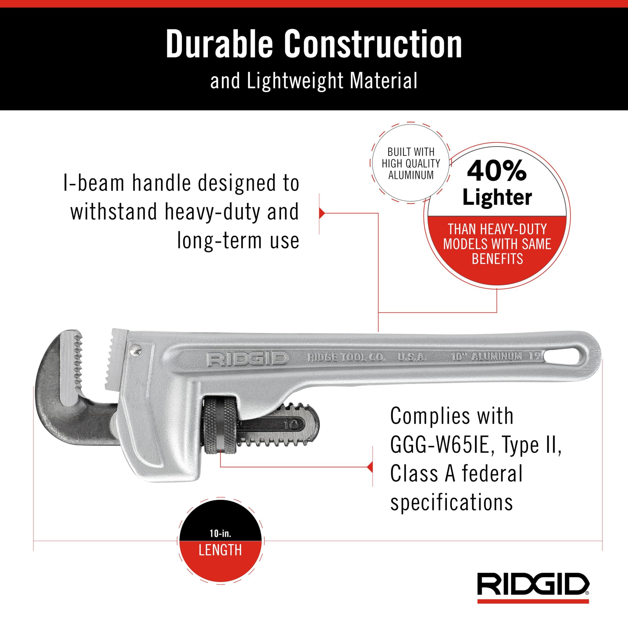 RIDGID RIDGID 31090 Aluminum Straight Pipe Wrench, 10\" Sturdy Plumbing Wrench with Self Cleaning Threads and Hook Jaws