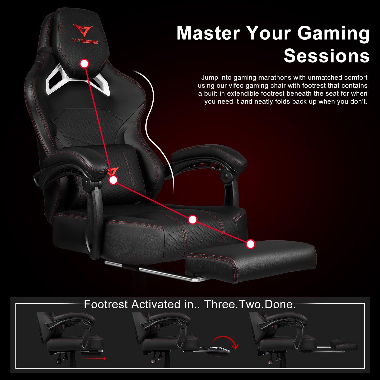 VITESSE VITESSE Big and Tall Gaming Chair 400lb Weight Capacity with Footrest, Ergonomic Video Game Chair for Adults with Oversized Headrest and Lumbar Pillow, Computer Chair Gaming for Office (Black+Red)