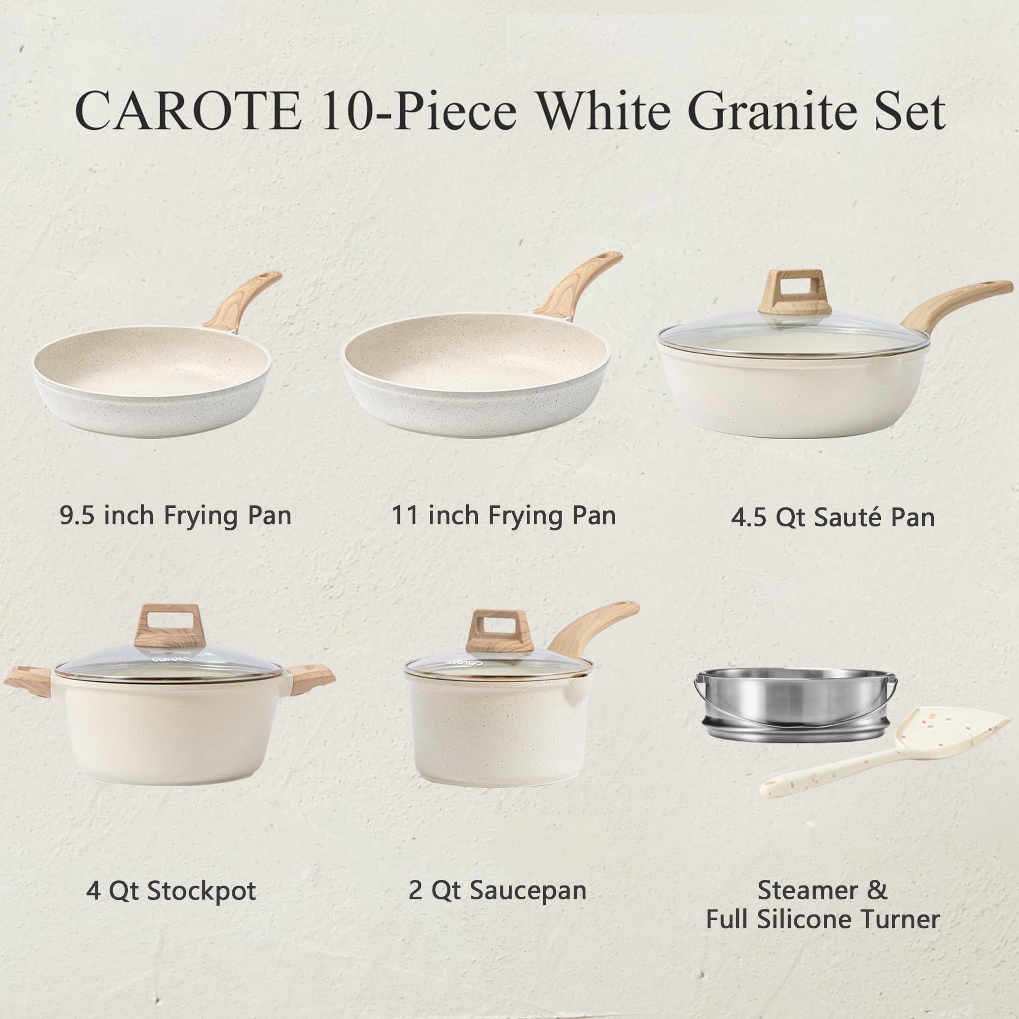 CAROTE CAROTE Pots and Pans Set Nonstick, White Granite Induction Kitchen Cookware Set, 10 Pcs Non Stick Cooking Set w/Frying Pans & Saucepans(PFOS, PFOA Free)