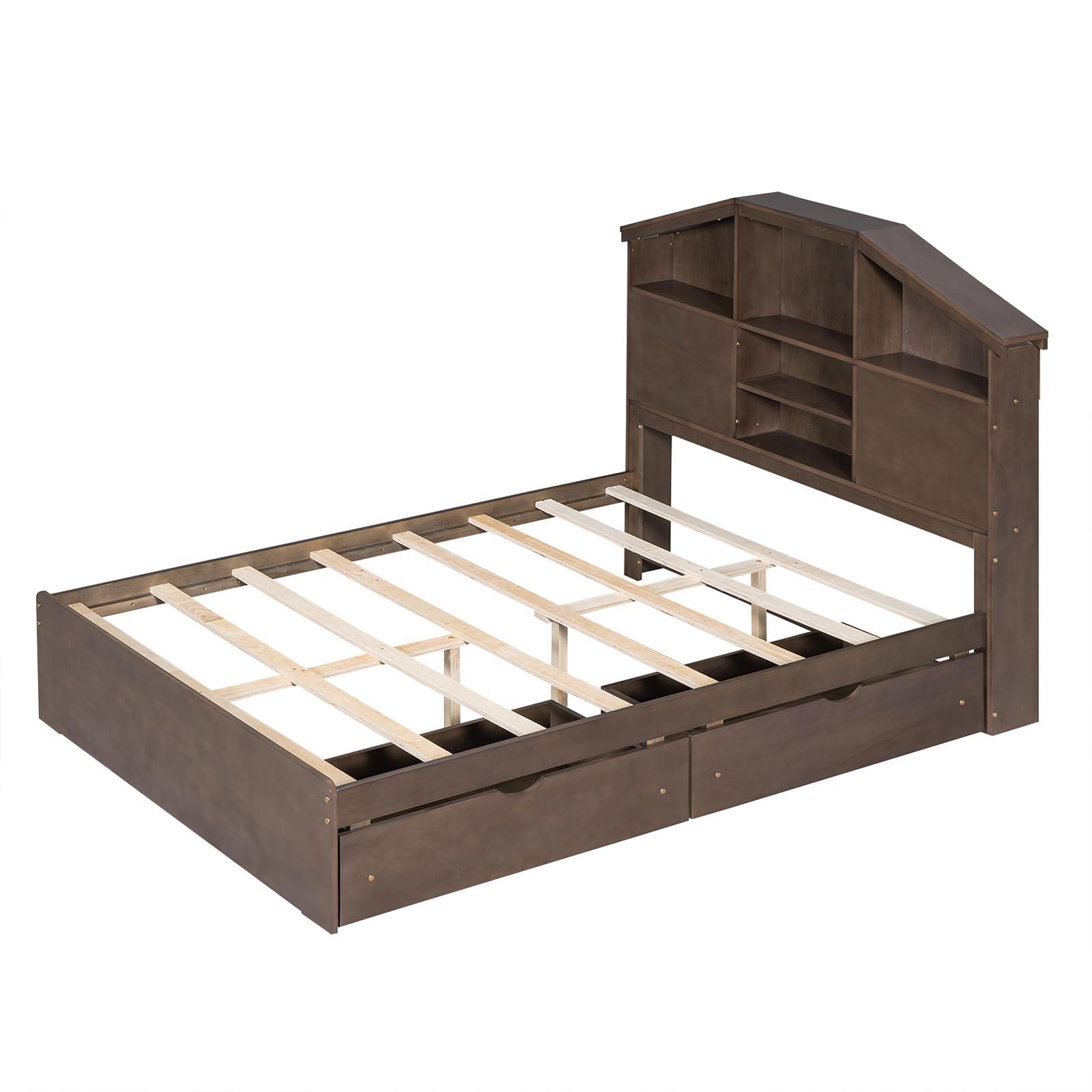 EastVita EastVita Twin Size Platform Bed with Storage Headboard and 2 Drawers, Wood Twin Bed Frame with House-Shaped Headboard, No Box Spring Needed