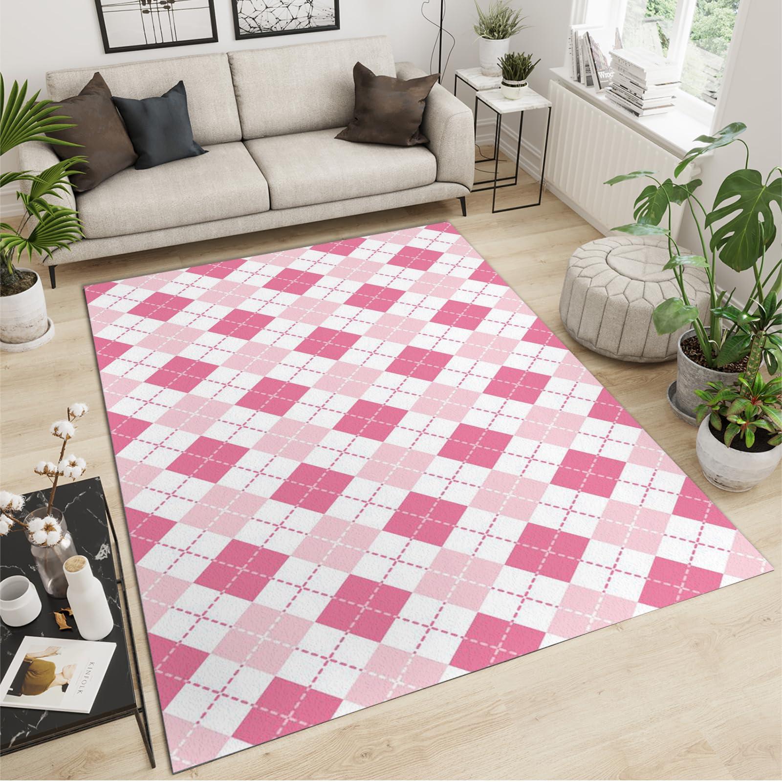 SRAELO Pink White Checkered Rug 2x6ft Geometric Diamond Texture Rugs for Living Room, Machine Washable Low-Pile Abstract Checkered Pattern Floor Carpet for Kids Boys Girls Playing Room Dorm