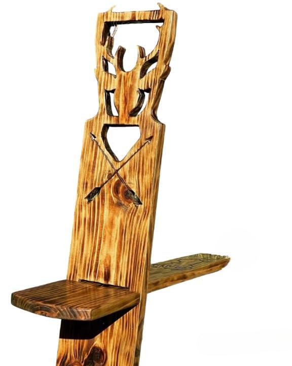AS Generic Viking Chair with Deer Head and tail art for bow hunters. Pine wood burned with light stained finish., AS-34