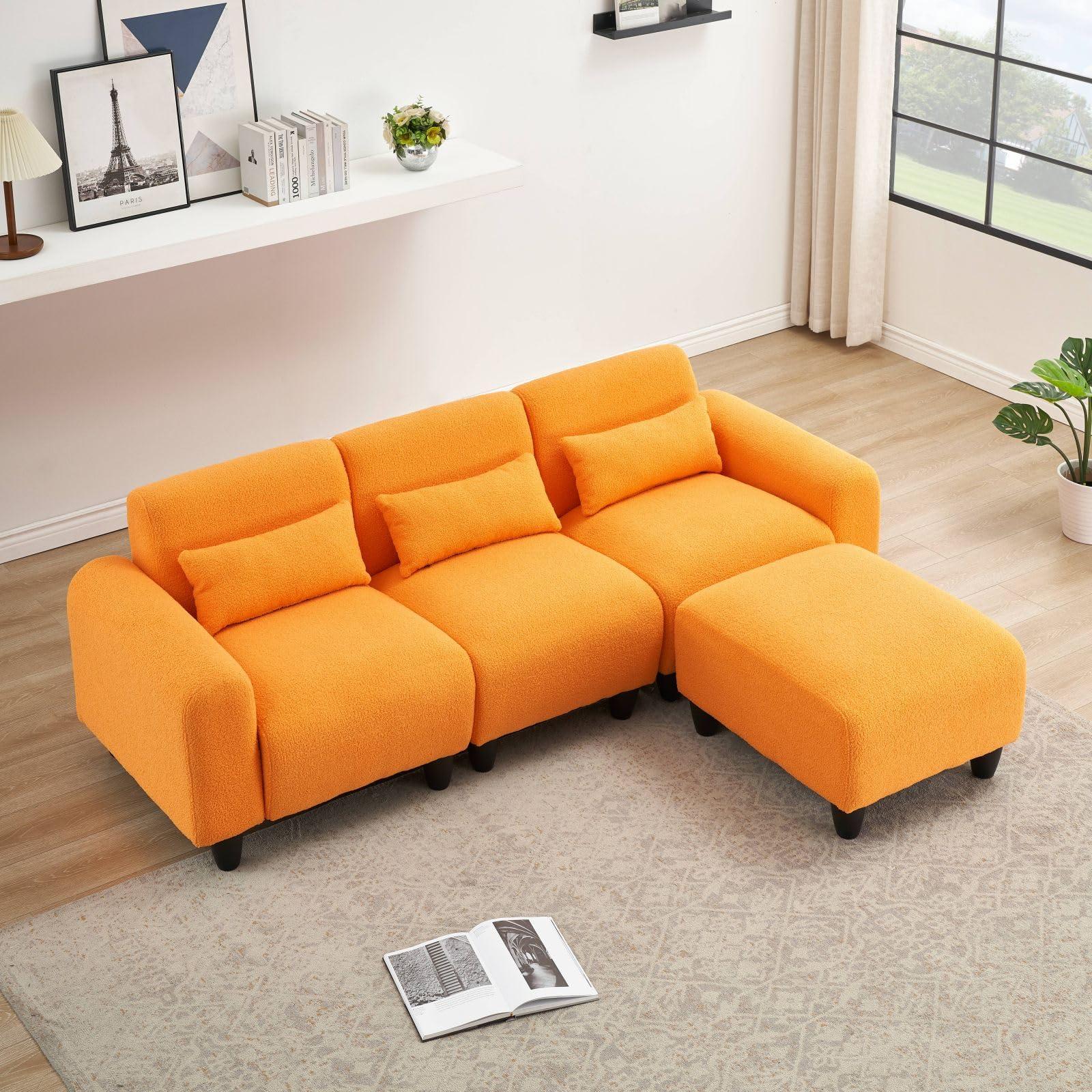 KEVINSPACE KEVINSPACE 84.6" Convertible Sectional Sofa Couch 3-Seat Couch with Convertible Ottoman 3 Pillows Teddy Fabric L-Shape Sofa Indoor Furniture Small Couch for Living Room Apartment Office Orange