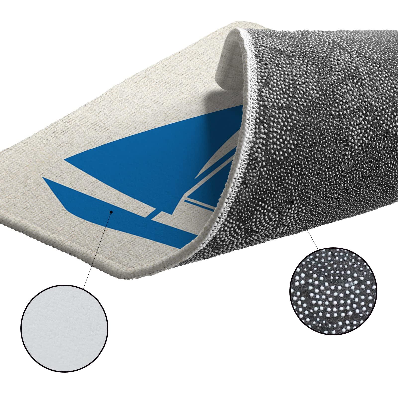 Sabolny Ocean Sailboat Kitchen Runner Rug Mat, Bath Shower Bathtub Welcome Door Floor Mat, Country Rustic Burlap Beige Blue Summer Washable Indoor Outdoor Throw Entry Area Rug Doormat