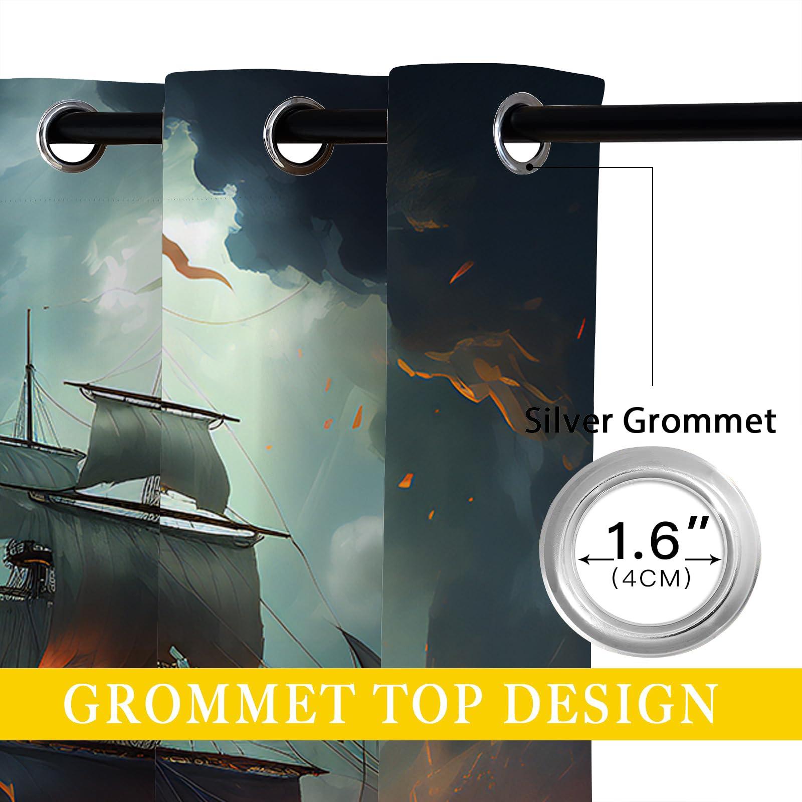 ONINUO ONINUO Nautical Pirate Ship Blackout Curtains for Girls Boy Home Decor, Ocean Sailing Adventure Grommet Thermal Insulated Drapes Darkening Window Curtain for Bedroom Living Room, 63 x 63 Inch