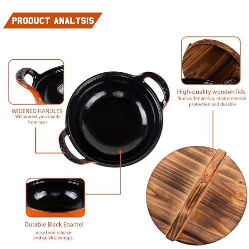 AILIBOO AILIBOO 2 Quart Dutch Oven Pot Round Cast Iron Enamel Cookware with Wooden Lid Soup Pot Mini Soup Pots- orange