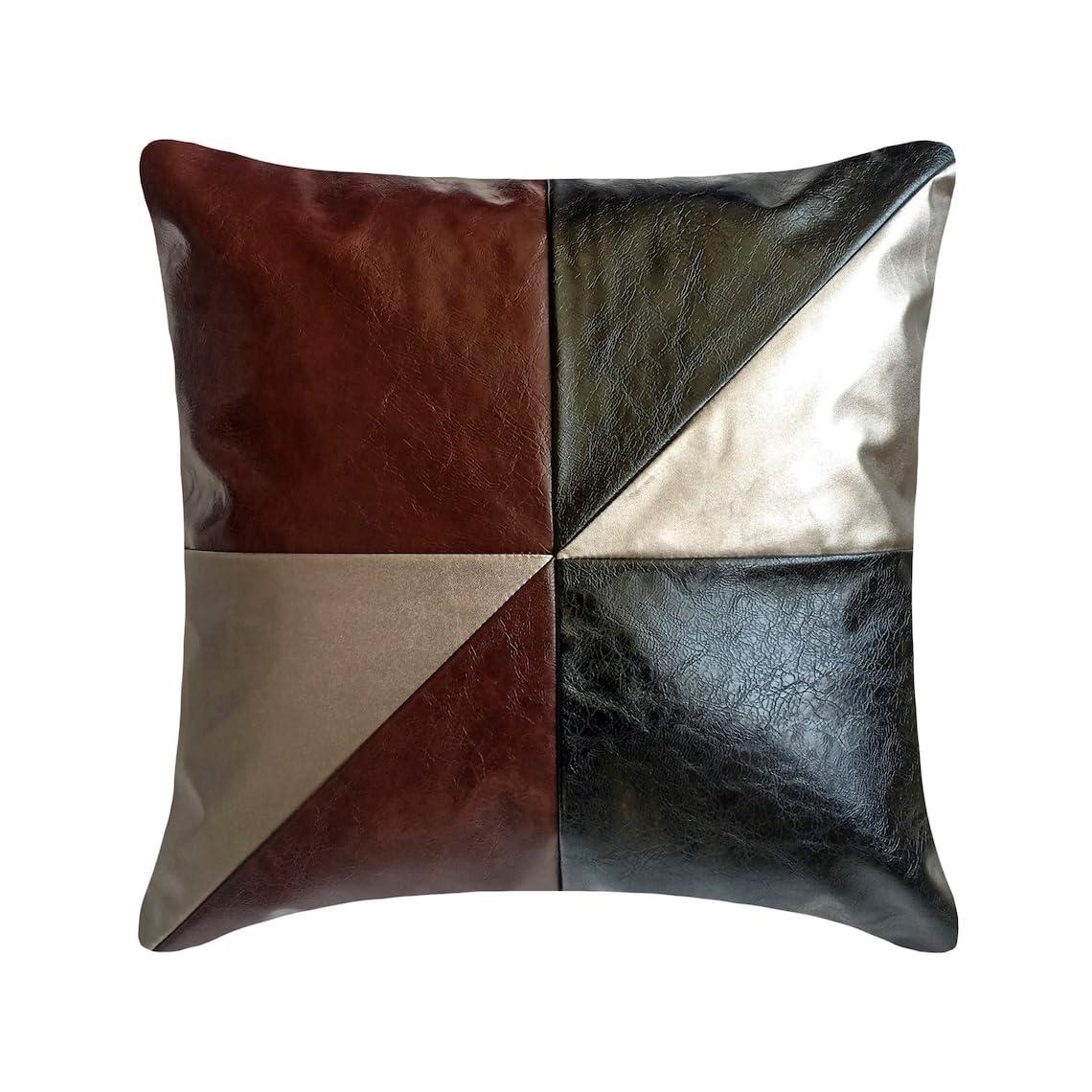 The HomeCentric The HomeCentric Euro Pillow Sham Covers, Black & Brown Pack of 2, 26x26 inch (65x65 cm) Euro Shams, Faux Leather Patchwork Metallic Leather Euro Shams for Sofa, Geometric - Hide and Style