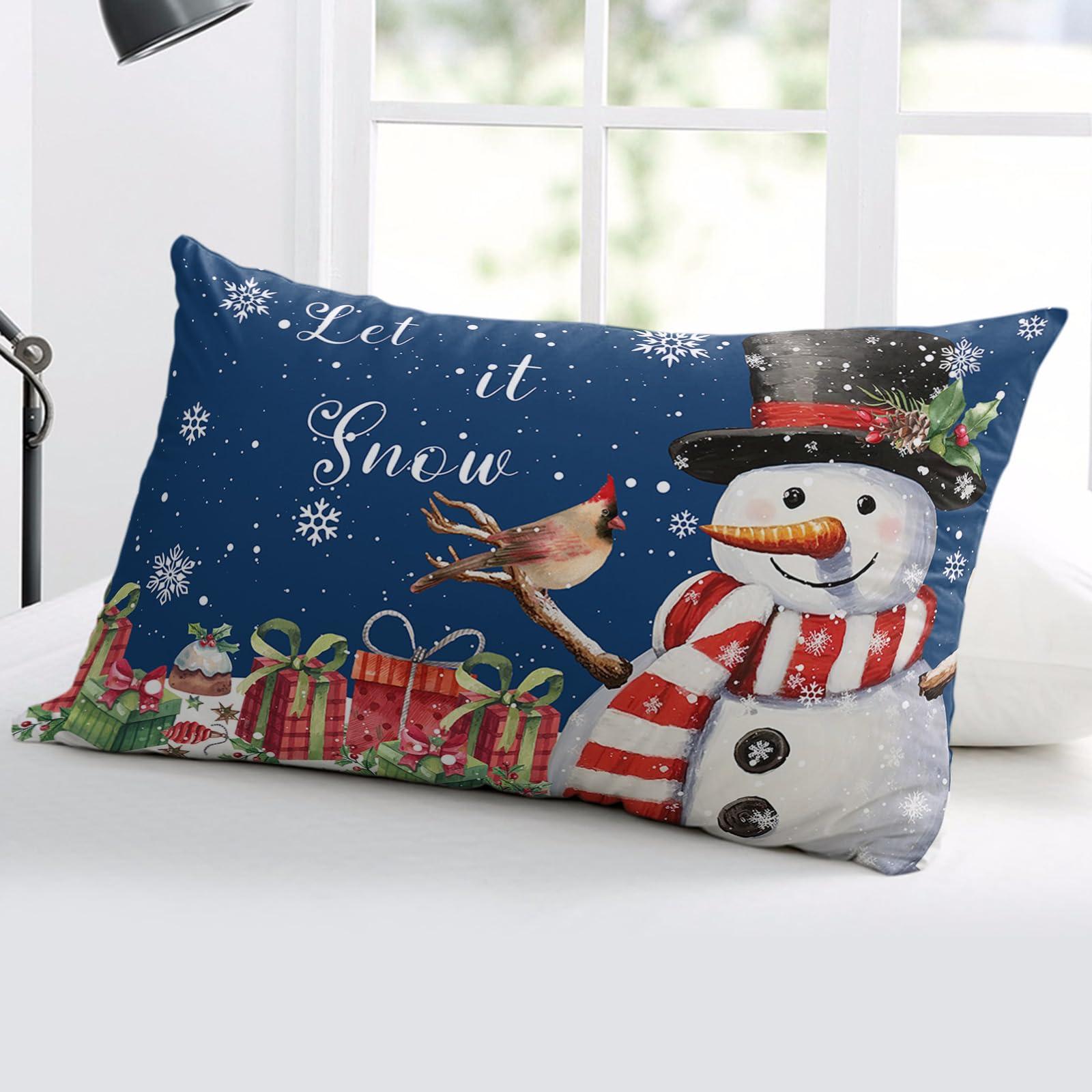SEVENBABU Christmas Throw Pillow Cover 12x20 Inch Farmhouse Decorative Pillow Covers for Bed Winter Throw Pillowcase Cushion Case for Couch Living Room Christmas Winter Snowman Dark Blue Pillow Covers