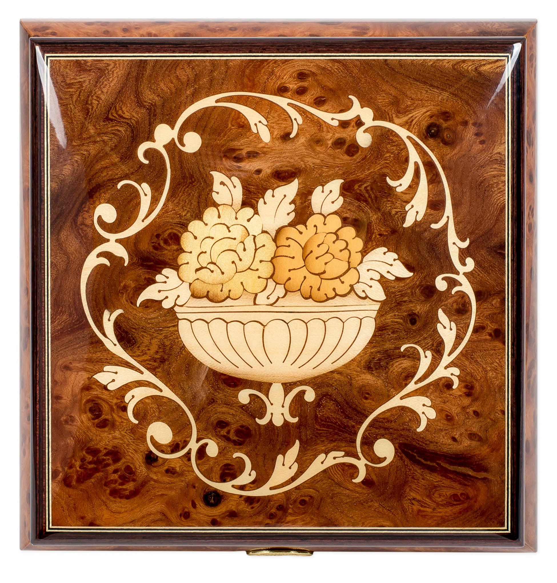 Splendid Music Box Co. Splendid Square Italian Inlaid Floral music box/jewelry box with lace design in high gloss finish with customizable tune options