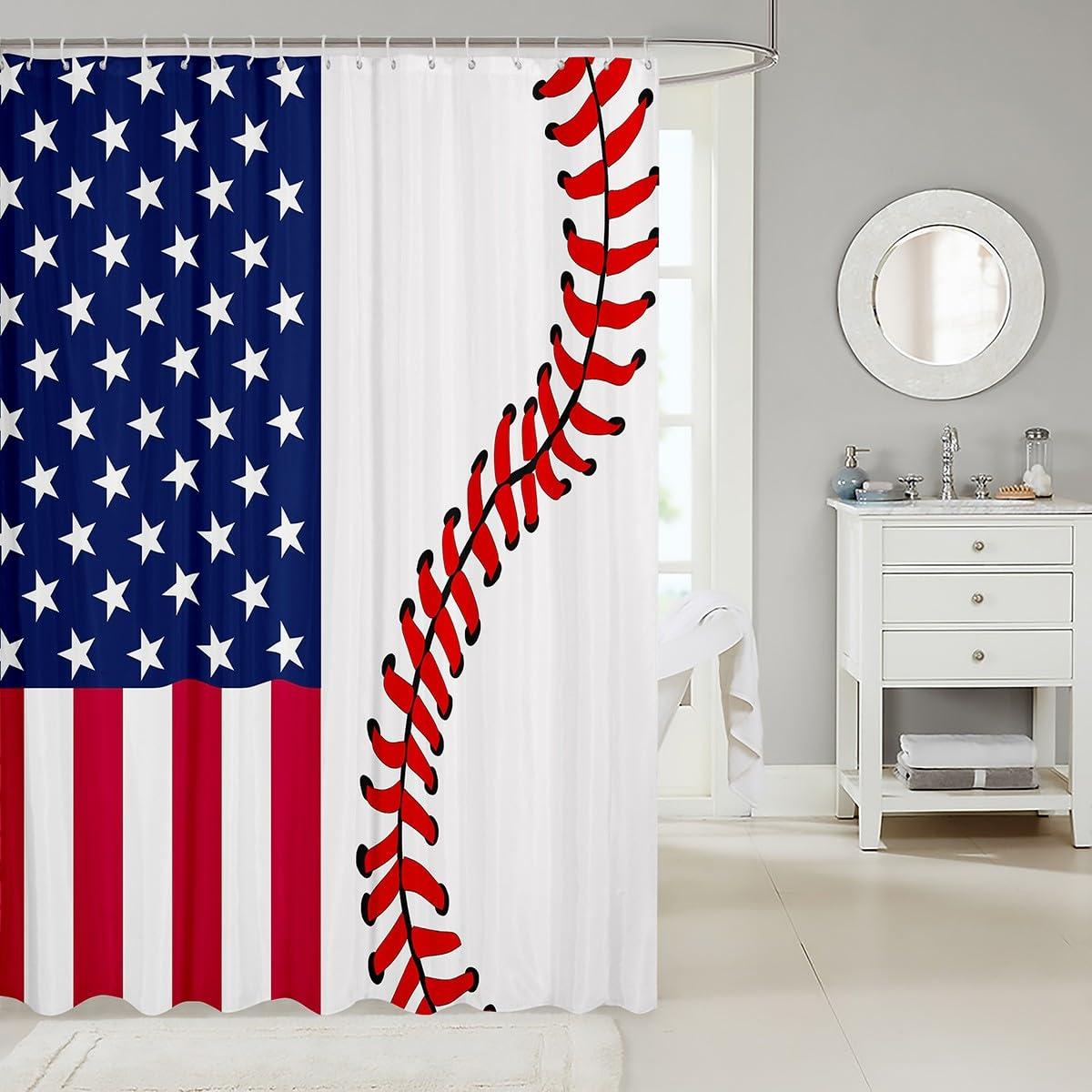 Homewish American Flag Shower Curtains,Abstract Baseball Bathroom Curtains for Kids Teens Adult,Ball Games Waterproof Bath Curtains,with 12 Hooks Suits for Bathtub, 72\" W x 78\" L,Red and White