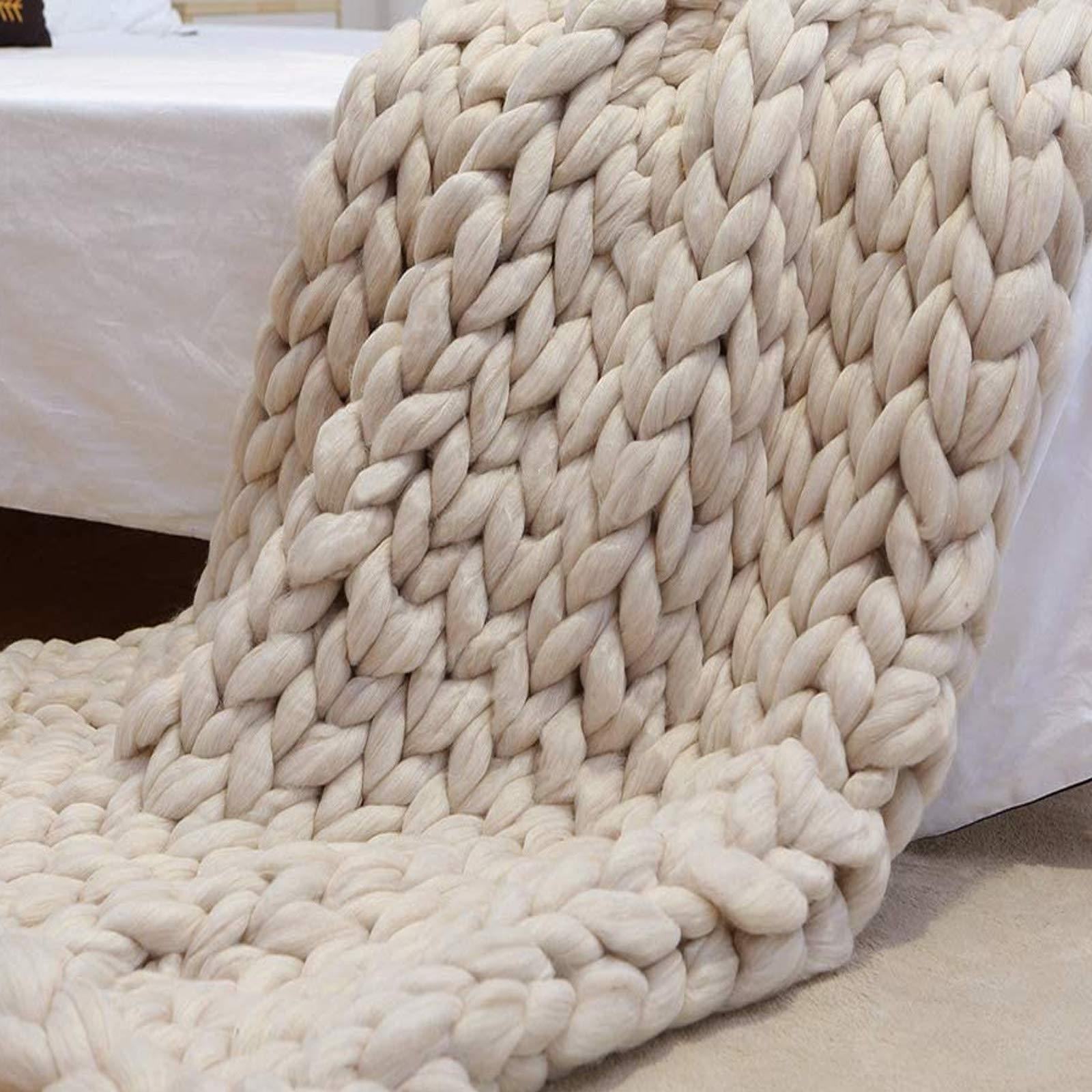 BWBG Chunky Knit Blanket Beige, Synthetic Wool Luxury Throw Knitted Blanket for Cuddling Up in Bed, Cozy Handmade Bulky Bed Sofa Chair Mat for Home Decor-80x80in