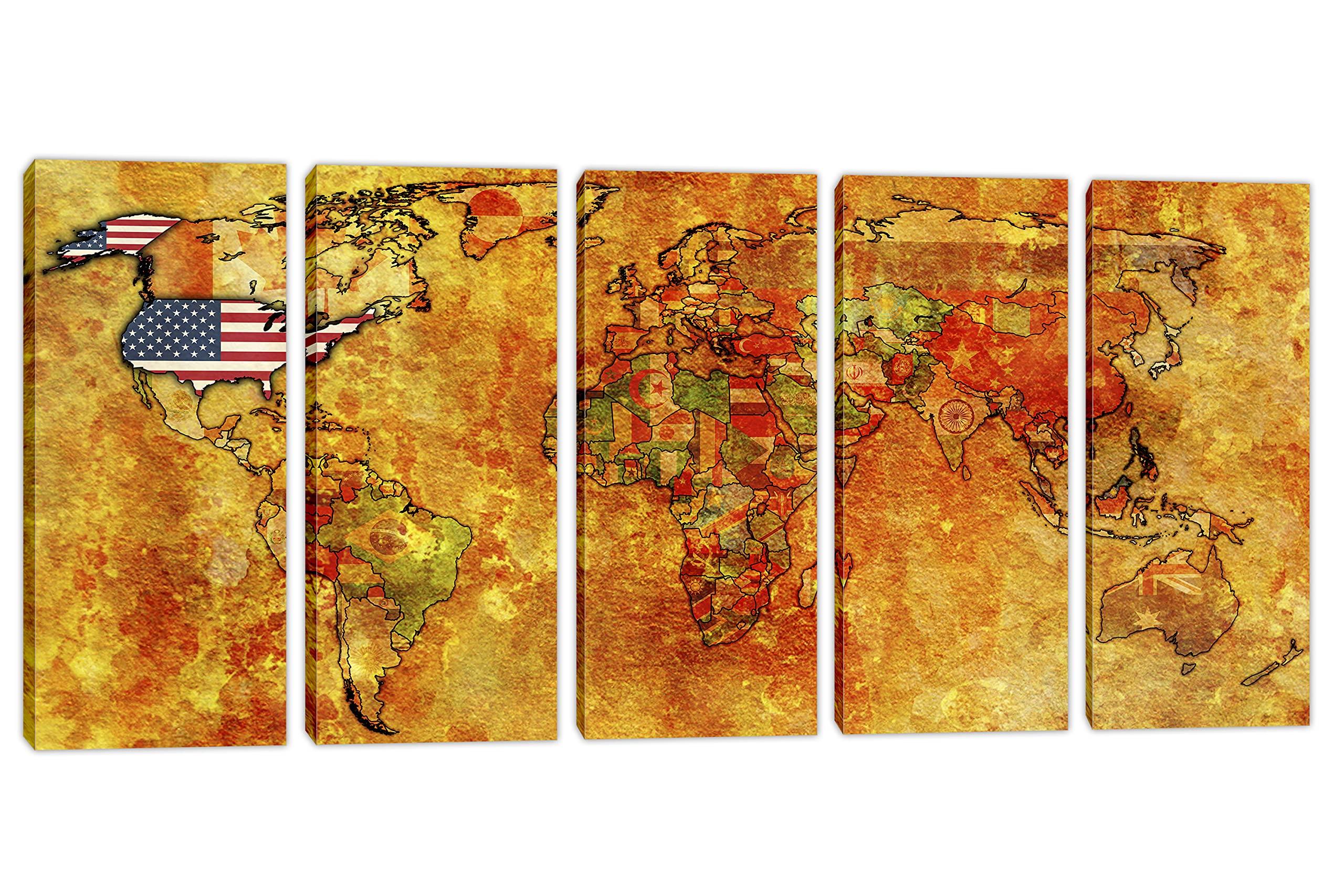 Canvas Quest 120 x 60 TOTAL - Flags World Map Canvas Print - 5 Panel Split Wall Art. World Countries