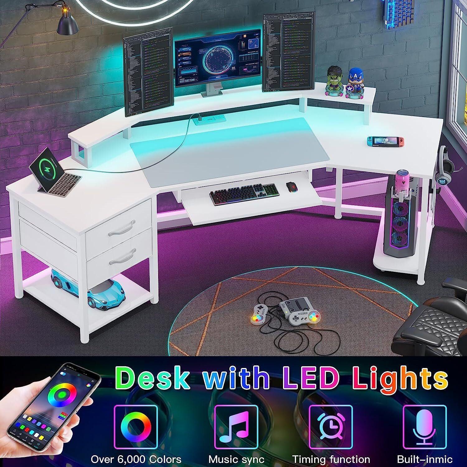 Thaweesuk Shop Thaweesuk Shop New Modern White 79 Inches U Shaped Gaming Computer Desk 2 Fabric Drawers LED Lights Monitor Stand Shelf Shelves Storage File Drawer Power Outlet Light Outlets Table Home Office Wood