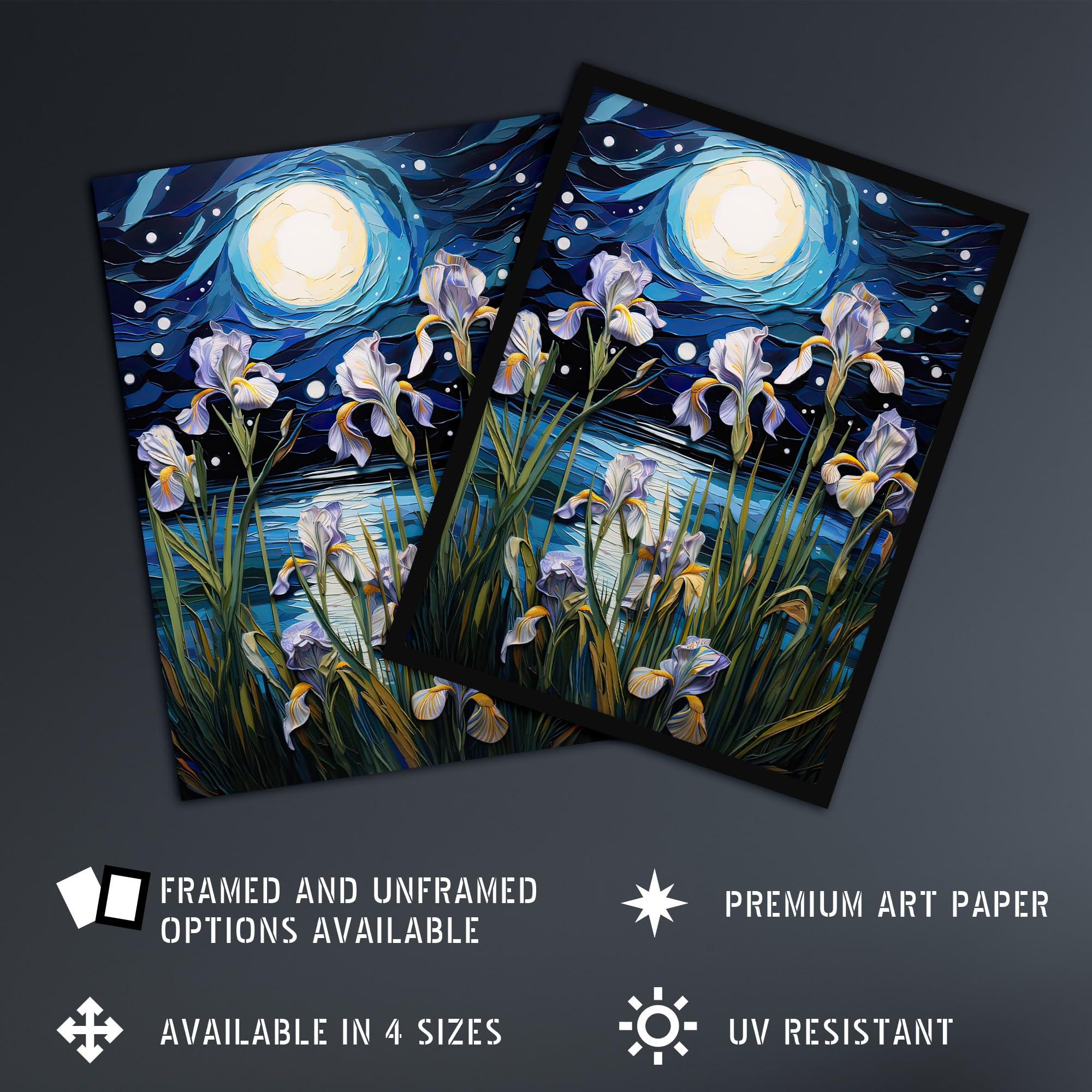 Artery8 Artery8 Ethereal Iris Flower Blooms Fantasy Lake Full Moon Artwork Framed Wall Art Print A4