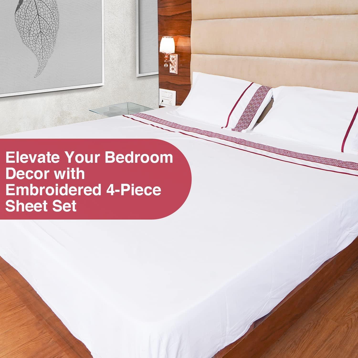 Minor Monkey Minor Monkey Queen Sheet Set 1000 Thread Count 100% Egyptian Cotton 4 Piece Burgundy Embroidered White Bedding Sheets & Pillowcases Hotel Quality Extra Soft Queen Sheets Sets - Deep Pocket up to 16\"