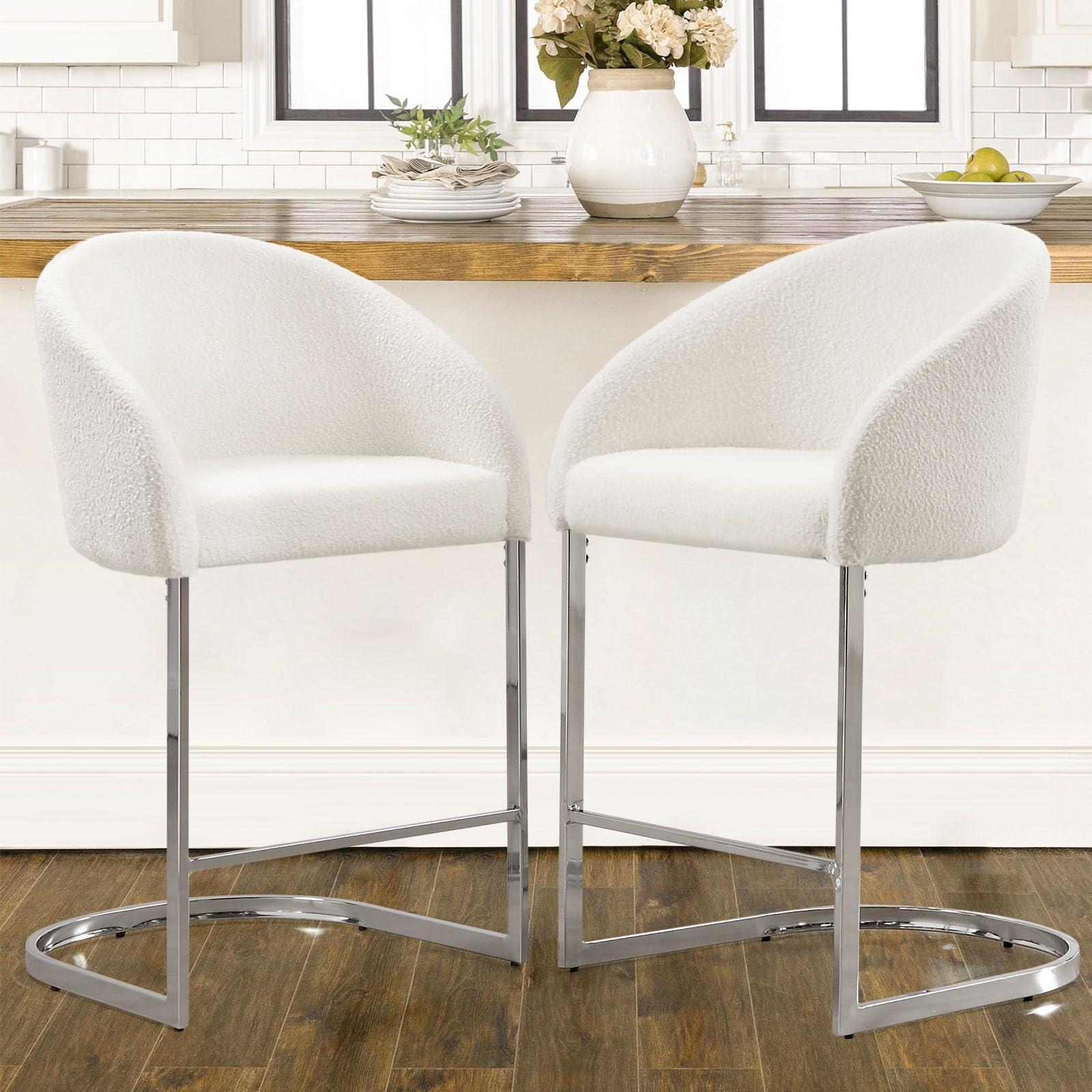 RveLife RveLife Counter Height Bar Stools Set of 2, 26" Seat Height Modern Counter Stools with Barrel Back and Arms, Chrome U-Shaped Base, Boucle Fabric Upholstered Bar Chairs for Kitchen Island, White