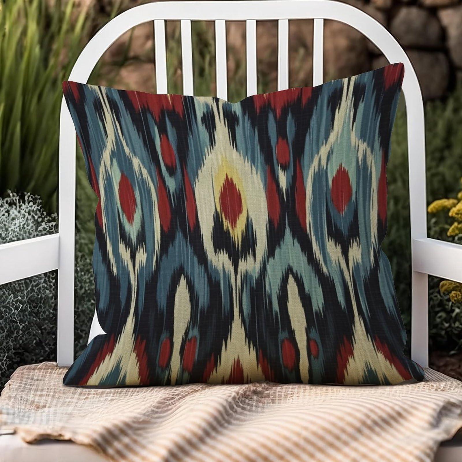 Zyadsinoudor Zyadsinoudor Asian Style Throw Pillow Case Blue Red Cream Ikat Cushion Cover Traditional Chinese 22x22in Decorative Pillow Home Cotton Linen Artistic Pillow Cover for Living Room Bedroom Chair Couch