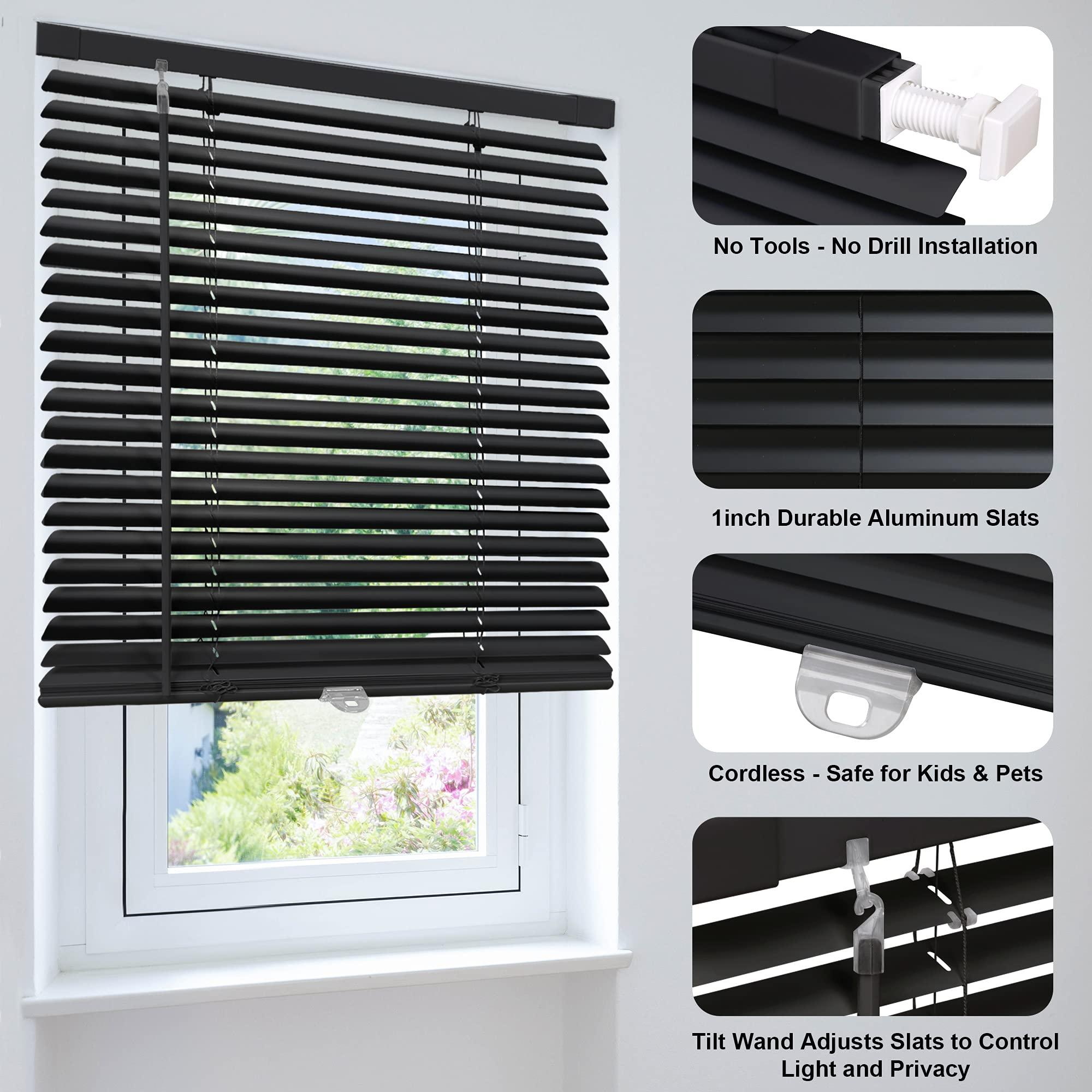 LazBlinds LazBlinds No Tools-No Drill 1" Aluminum Mini Blinds, Cordless Blinds for Indoor Windows, Light Filtering Horizontal Blinds and Shades for Window Size 48'' W x 64'' H, Black