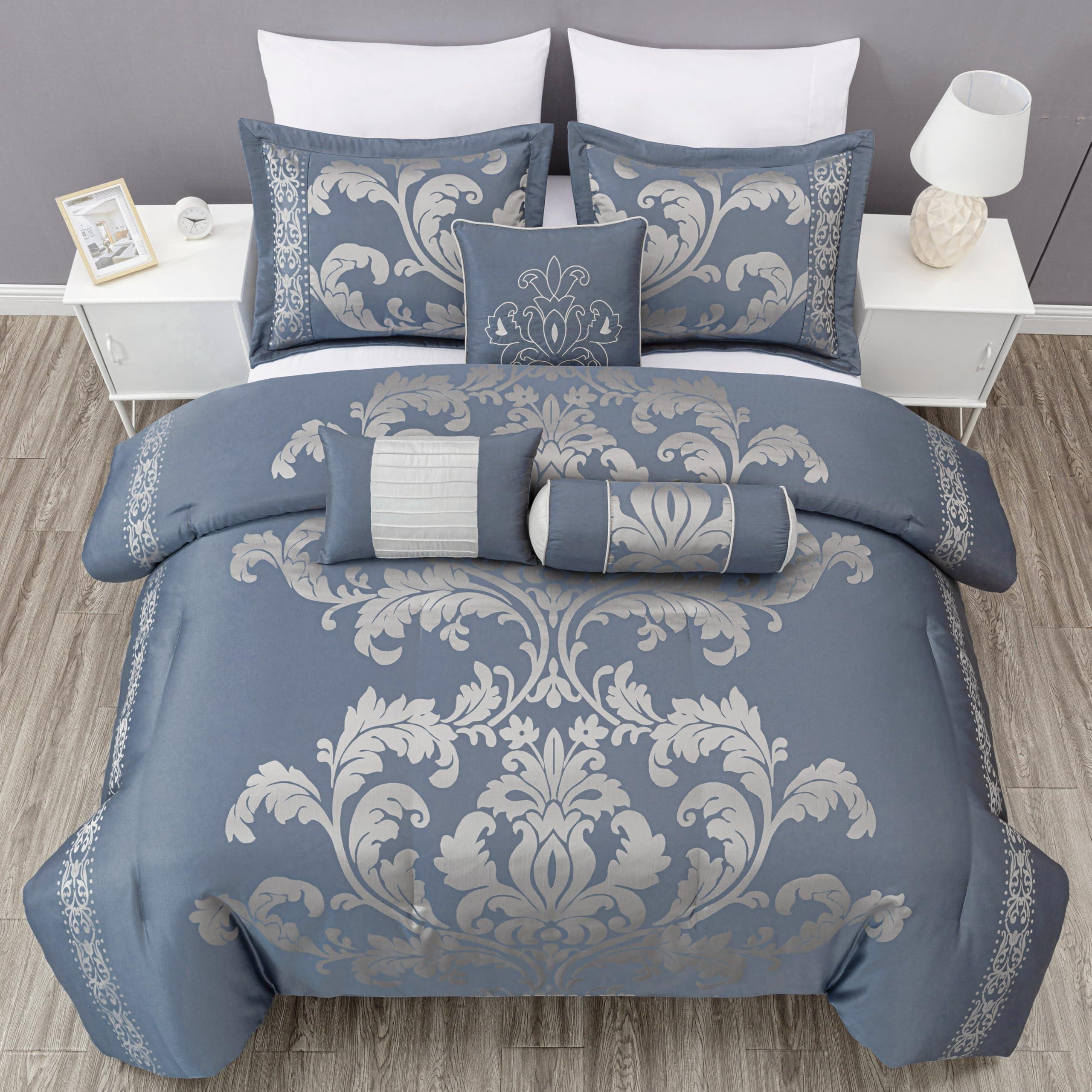Chezmoi Collection Chezmoi Collection Royale 7-Piece Jacquard Floral Comforter Set, Oversized Queen, Grayish Blue/Gray