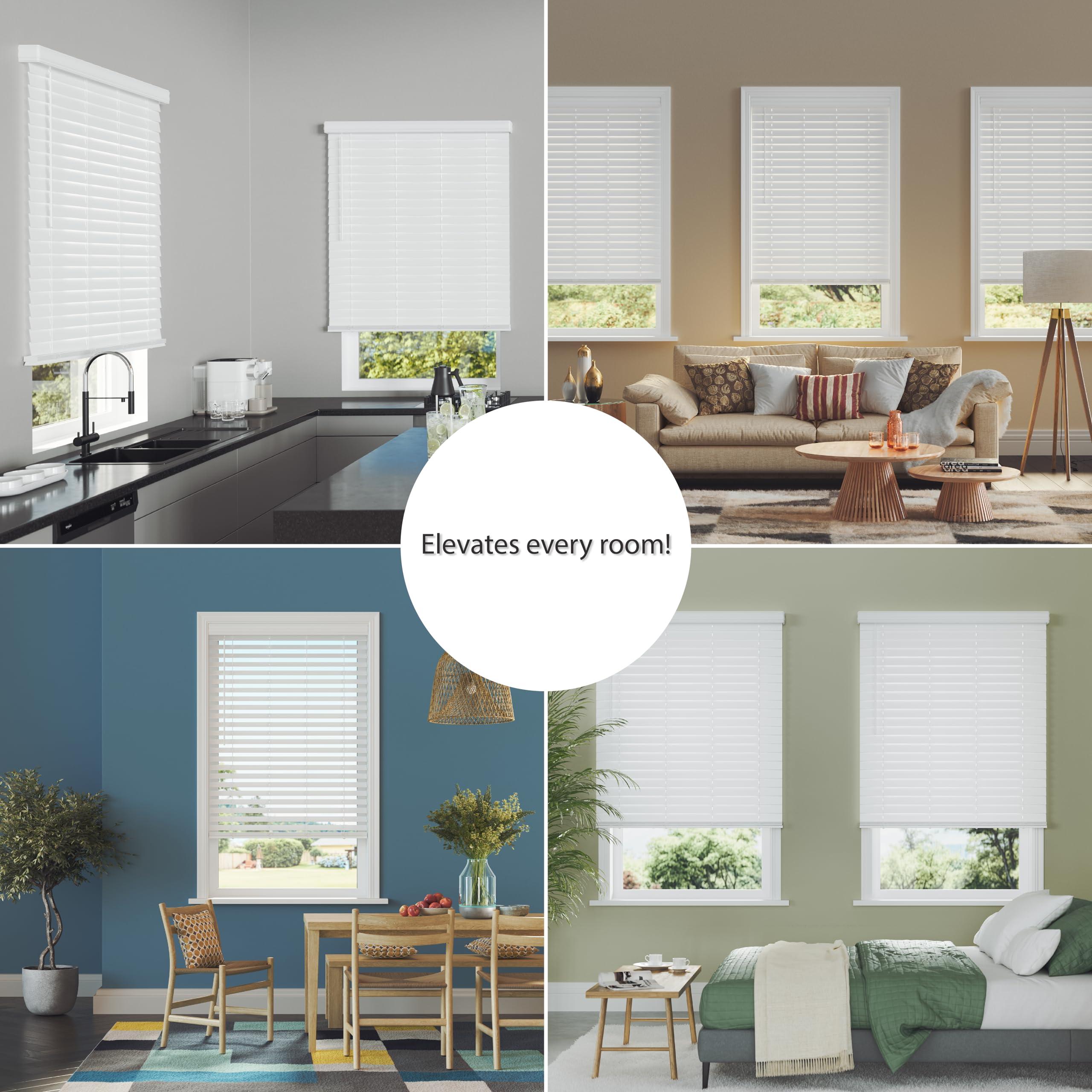 Lumino 2.5 Inch Cordless Faux Wood Blind, 60" W x 60" L - White Plantation Style Venetian Blinds, Over 400 Custom Sizes Starting at 29.97, Room Darkening Shades for Interior Windows by Lumino
