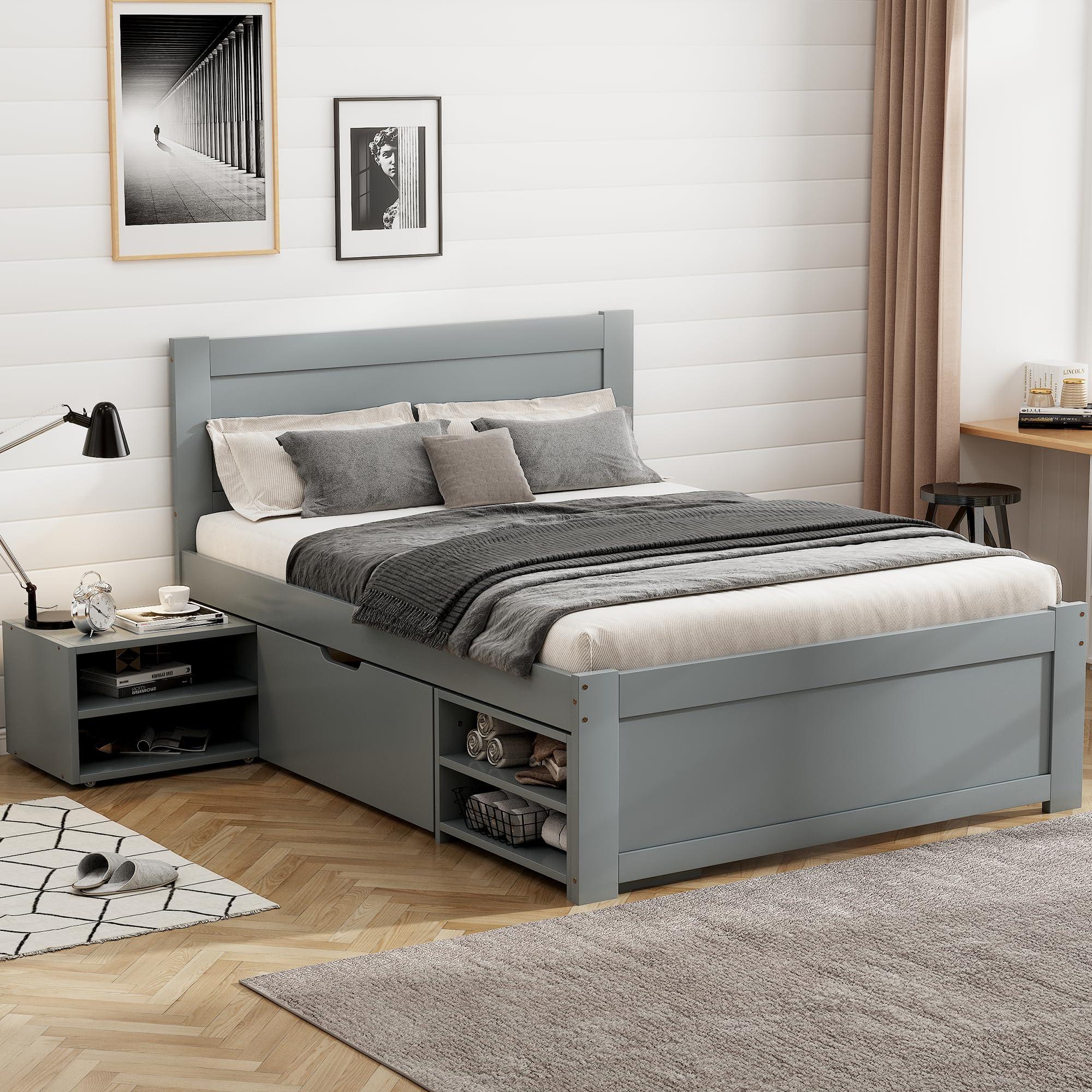 Harper & Bright Designs Harper & Bright Designs Twin Storage Bed Frame with Drawers,Wooden Twin Platform Bed with Storage & Headboard, Twin Size Bed with Drawer and Two Shelves, No Box Spring Needed, Gray